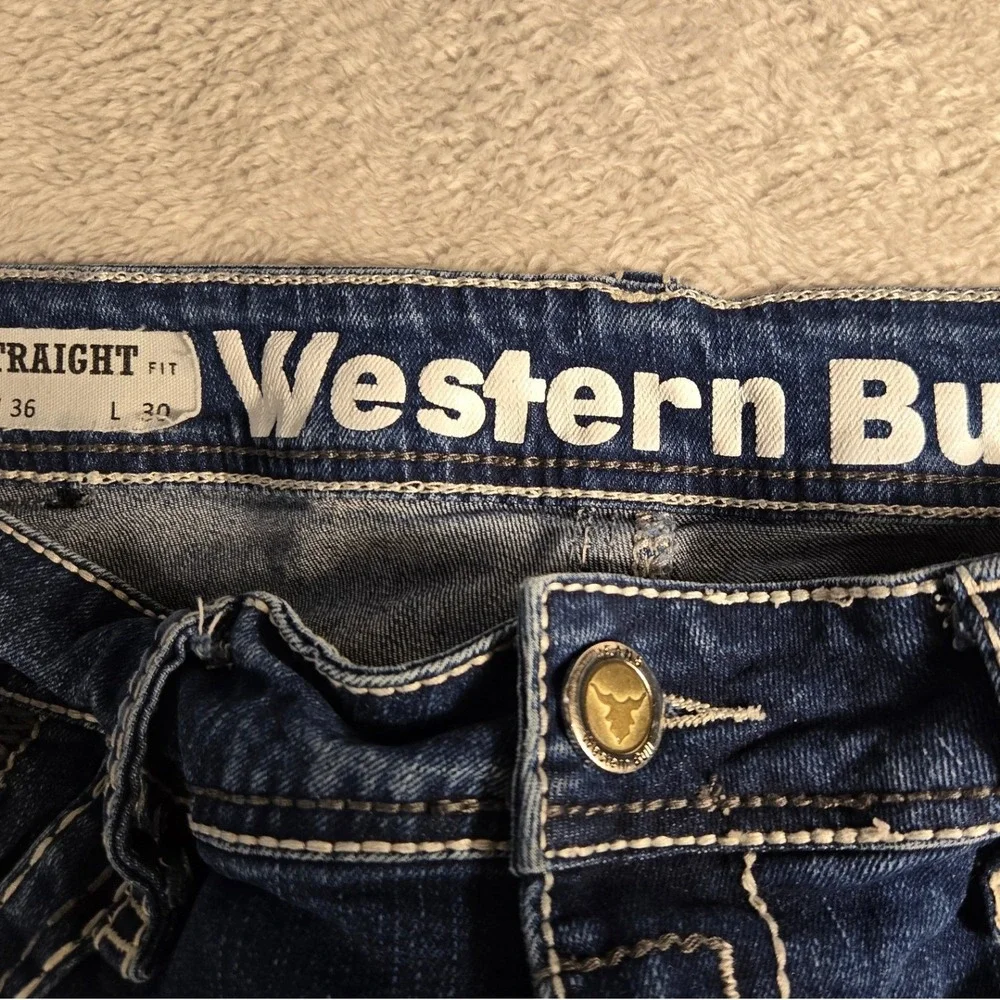 Western Bull Mens Straight Fit Jeans Dark Wash Horseshoe Embroidery 36x30 Blue